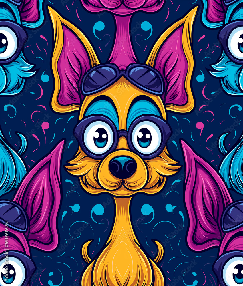 A cartoon dog with sunglasses on its face is wearing a blue and pink outfit. The dog is smiling and he is happy A cartoon dog with sunglasses on its face is wearing a blue and pink outfit. The dog is smiling and he is happy
