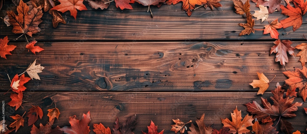 Top down view of a rustic wooden table adorned with vibrant fall leaves perfect for Thanksgiving or autumn themed compositions with plenty of room for text or images. Creative banner. Copyspace image