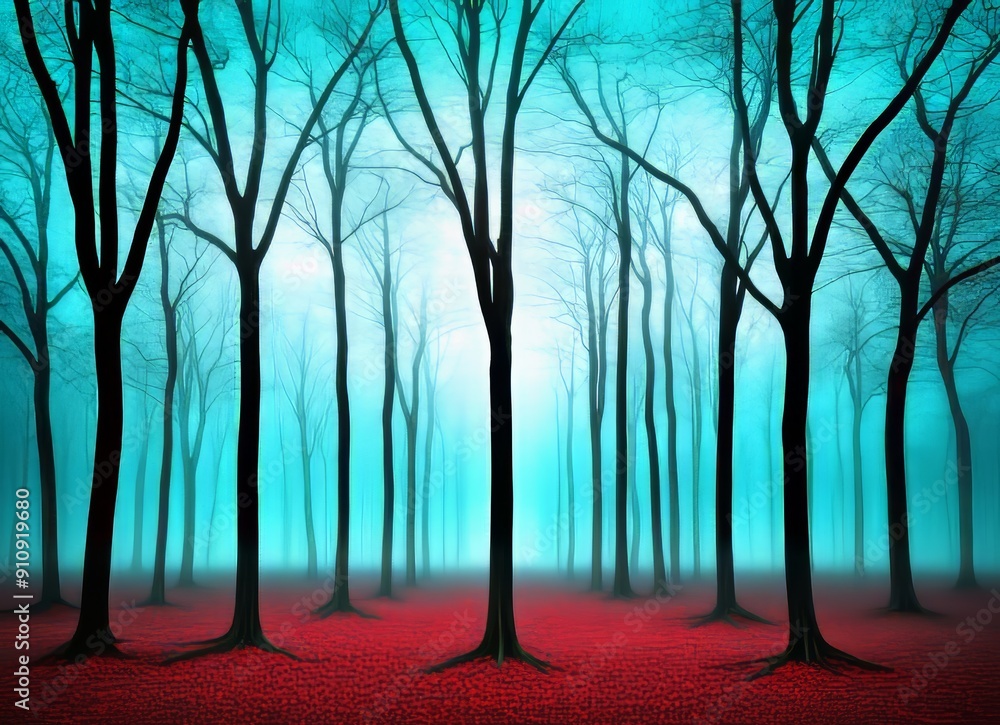 Obraz premium A misty autumn forest with tall trees and fallen leaves on the ground.