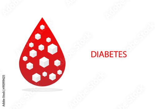 Diabete concept. High level cube of sugar or glucose in drop of red blood on a white background.