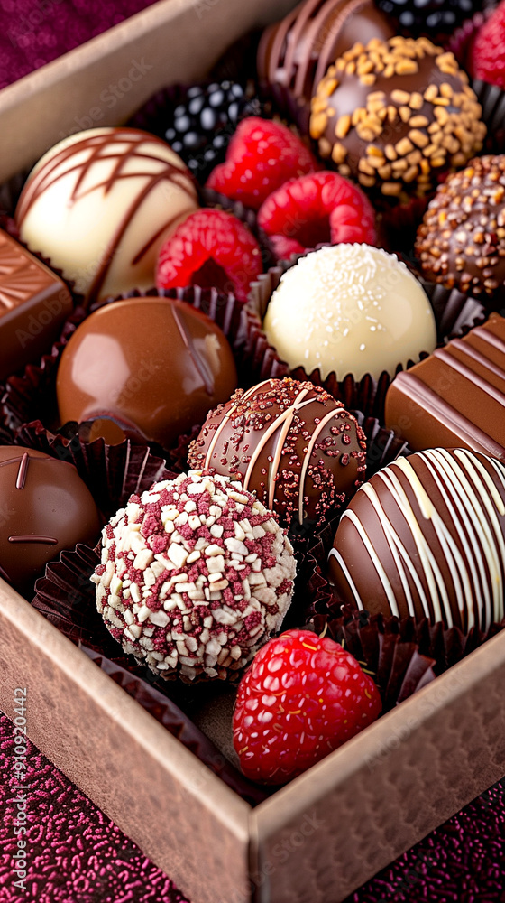 A box of assorted chocolates and raspberries. The chocolates are in different shapes and sizes, and the raspberries are scattered throughout the box. Concept of indulgence and luxury A box of assorted chocolates and raspberries. The chocolates are in different shapes and sizes, and the raspberries are scattered throughout the box. Concept of indulgence and luxury