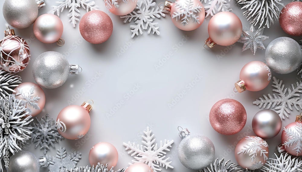 Beautiful pink and silver Christmas decorations along with snowflakes set on a white background Beautiful pink and silver Christmas decorations along with snowflakes set on a white background