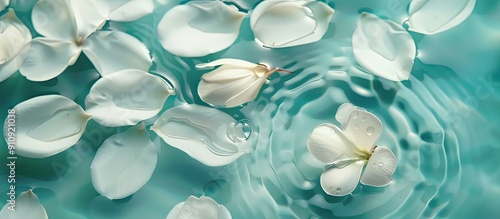 Macro shot of floating jasmine petals with a water drop perfect for backgrounds Top view flat lay image with ample copy space photo