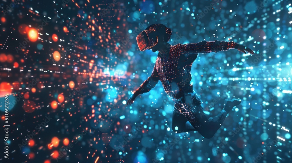 A Person Wearing a VR Headset and Glowing Lights, Floating in a Digital Space A Person Wearing a VR Headset and Glowing Lights, Floating in a Digital Space