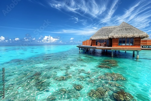 Overwater bungalow with clear turquoise water and a blue sky.