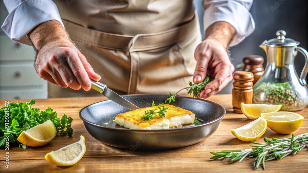 Chef preparando un filete de pescado en una sartén, decorándolo con hierbas frescas, rodeado de limones y especias. Chef preparando un filete de pescado en una sartén, decorándolo con hierbas frescas, rodeado de limones y especias.