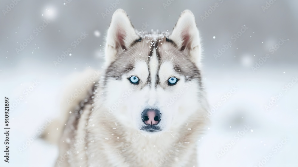 Naklejka premium A dog with blue eyes is standing in the snow. The dog's fur is white and fluffy, and it is enjoying the cold weather