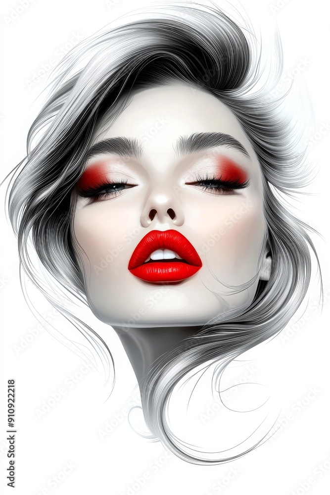 Fototapeta premium Red Lips, Closed Eyes: A beautiful woman with long, flowing silver hair stares into the camera with her eyes closed, showcasing a bold red lip and a captivating, sensual expression. 