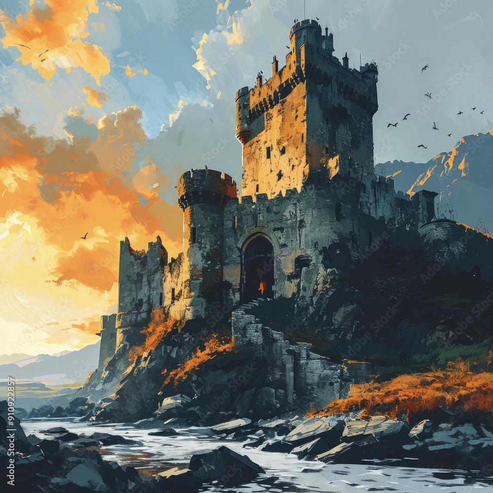 Fototapeta premium Minimalistic Vector Illustration of a Medieval Castle Under Siege