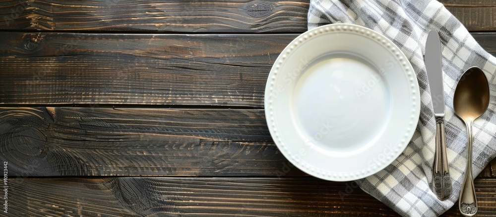 Over a wooden table view from above a copy space image with an empty plate silverware and towel displayed Over a wooden table view from above a copy space image with an empty plate silverware and towel displayed