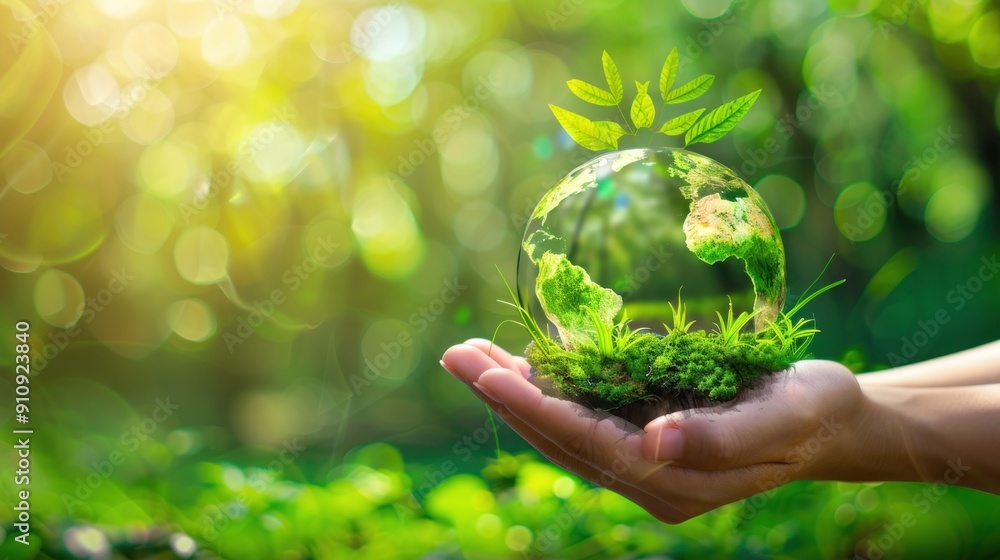Glass Globe Earth with Green Plants Held in Hands Against Green Background Glass Globe Earth with Green Plants Held in Hands Against Green Background