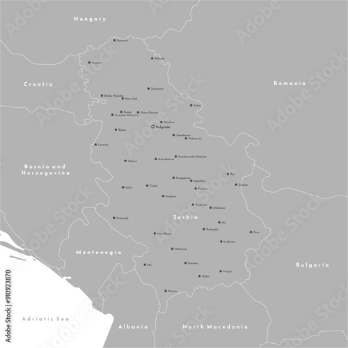 Vector illustration. Simplified administrative map of Serbia including Kosovo. Border with nearest states Romania, Bulgaria, Hungary and etc. White background of Adriatic sea. Names of big cities photo