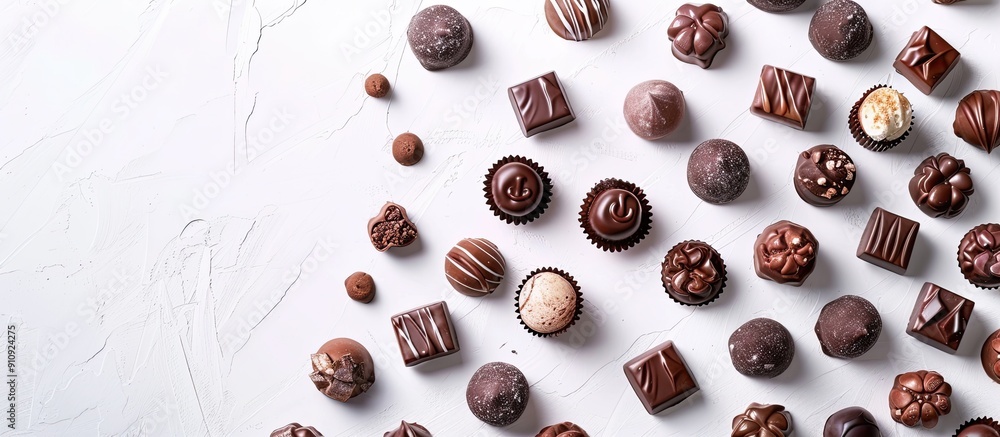 Various tasty chocolate candies arranged on a blank white surface for text placement in a flat lay copy space image Various tasty chocolate candies arranged on a blank white surface for text placement in a flat lay copy space image