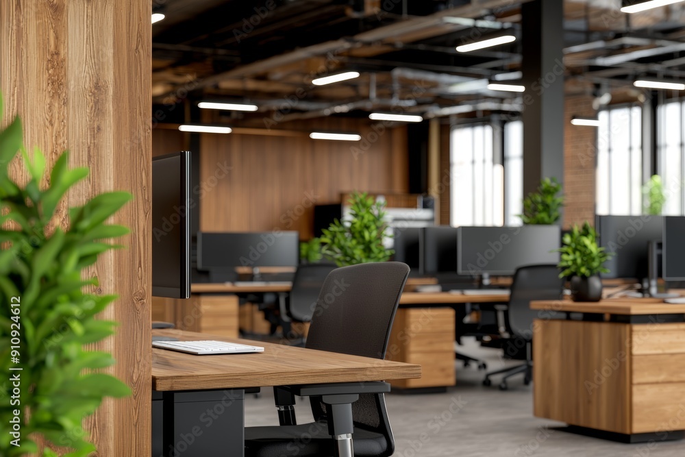 Modern office interior with wooden accents, plants, and spacious workstations, designed for comfort and productivity. Modern office interior with wooden accents, plants, and spacious workstations, designed for comfort and productivity.