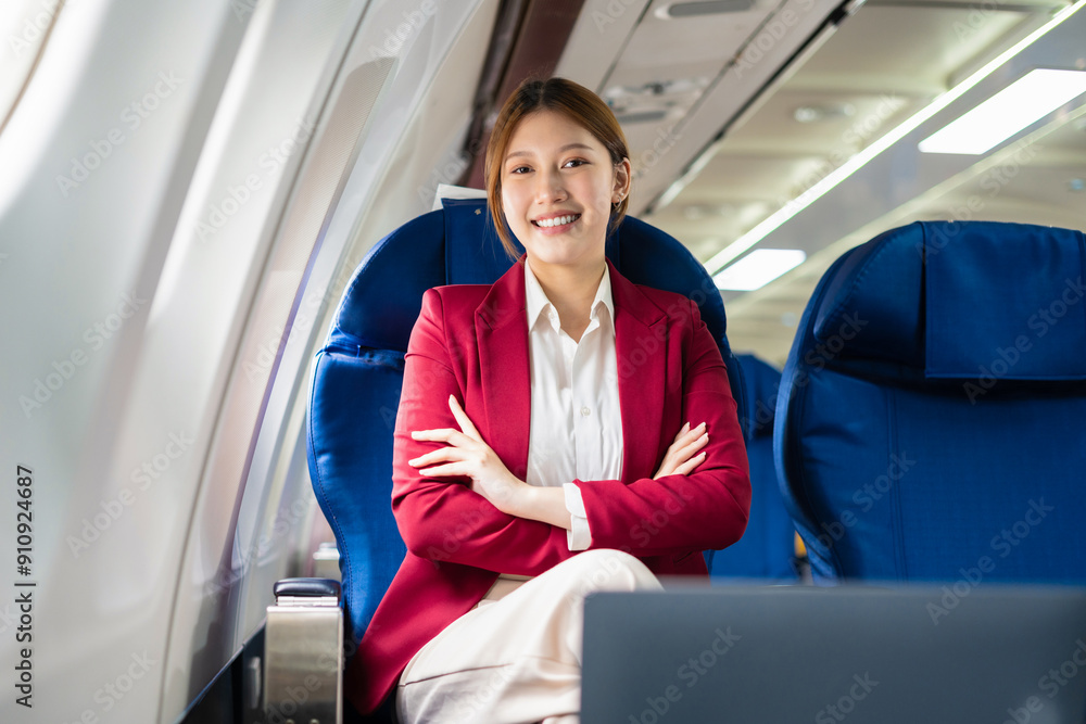 Happy woman airplane travel, Portrait of woman with journey passengers near the window. Happy woman airplane travel, Portrait of woman with journey passengers near the window.