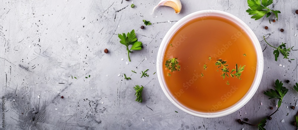 A healthy food moment captured from above with a bowl of broth on a gray background providing ample copy space in a panoramic banner image A healthy food moment captured from above with a bowl of broth on a gray background providing ample copy space in a panoramic banner image