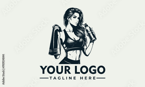 Vector illustration woman holding water bottle, wearing sports bra and towel Fitness image of woman holding water bottle, wearing sports bra and towel suitable for health and wellness blogs or workout