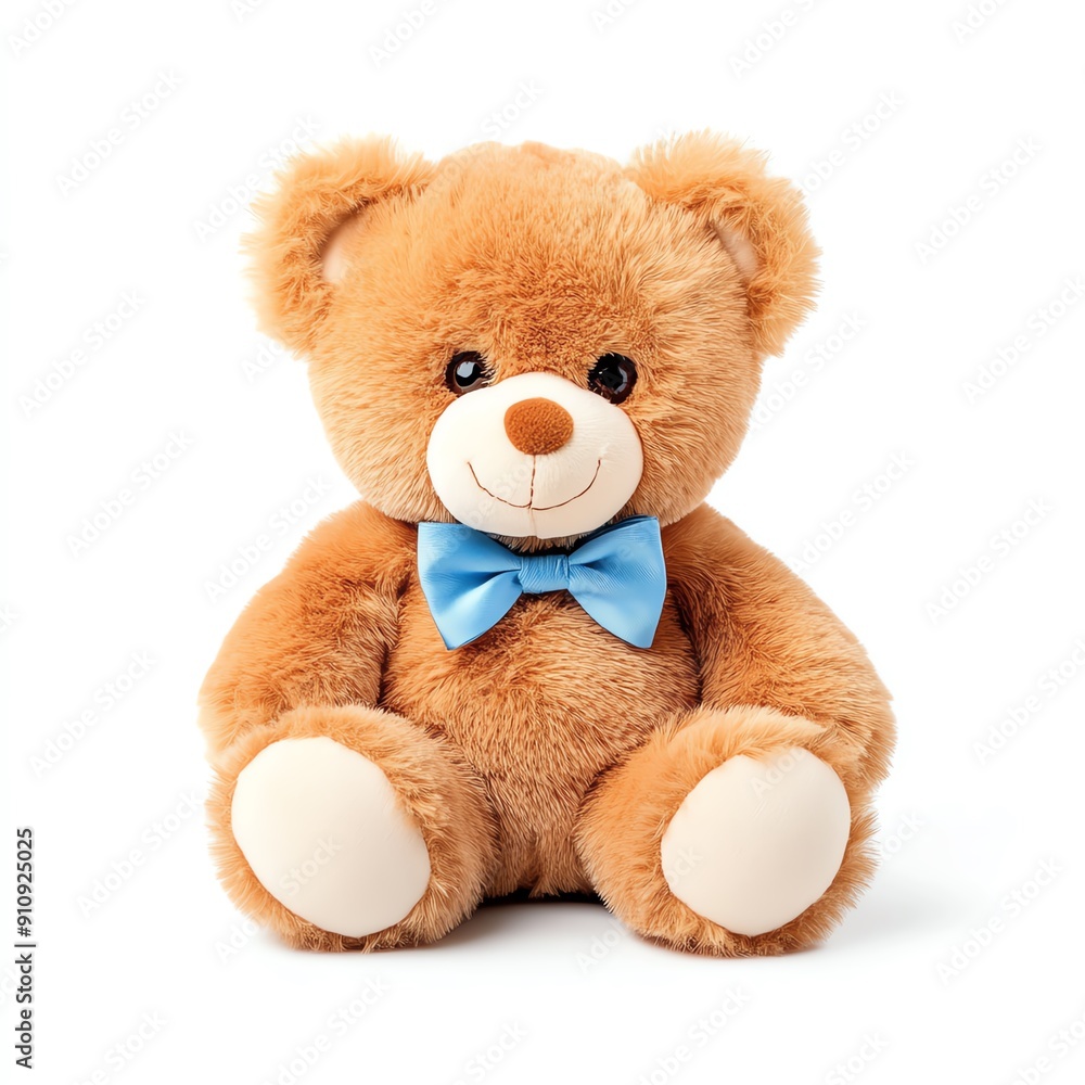 Cute brown teddy bear with a blue bow tie, sitting on a white background. Cute brown teddy bear with a blue bow tie, sitting on a white background.