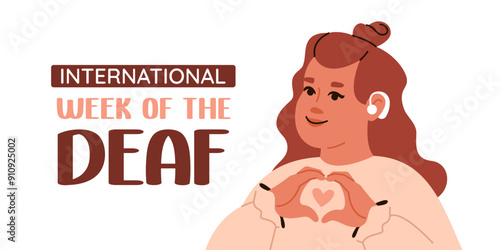 International deaf week, IWDeaf. Girl with hearing aid. Vector flat banner.