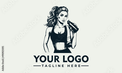 Vector illustration woman holding water bottle, wearing sports bra and towel Fitness image of woman holding water bottle, wearing sports bra and towel suitable for health and wellness blogs or workout