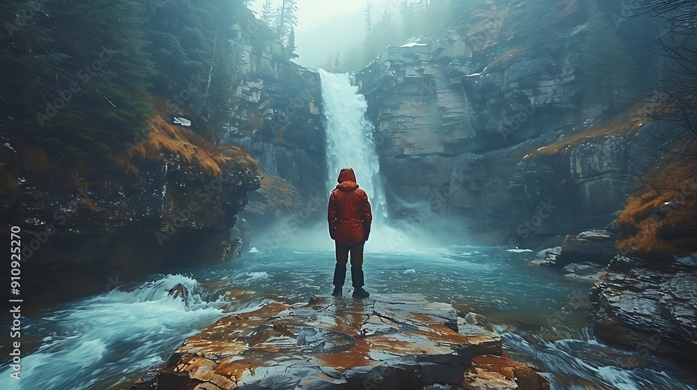 Obraz premium The Johnston Canyon trail in Banff National Park, with a lone traveler standing on a viewing platform, the powerful Upper Falls roaring in the background, and the mist creating a magical atmosphere.