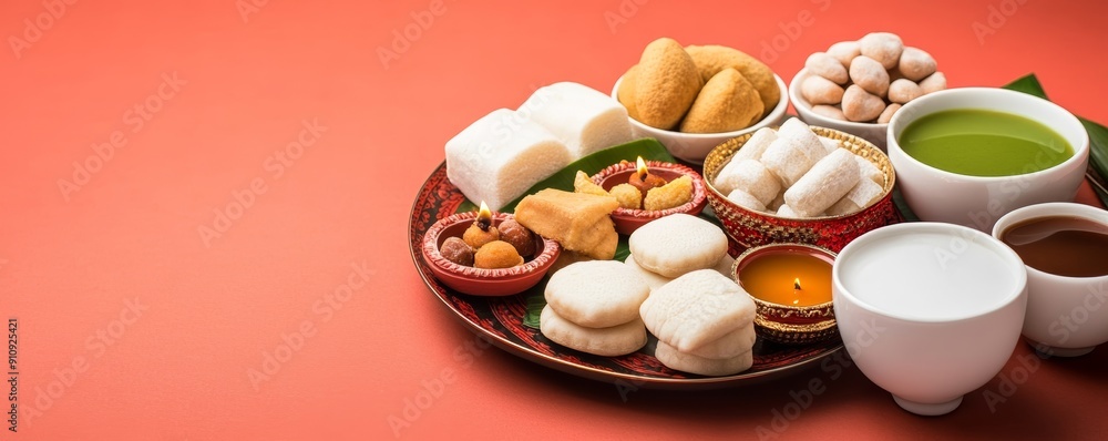 Traditional Asian Tea and Snacks on Vibrant Background Traditional Asian Tea and Snacks on Vibrant Background