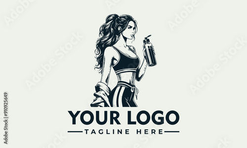 Vector illustration woman holding water bottle, wearing sports bra and towel Fitness image of woman holding water bottle, wearing sports bra and towel suitable for health and wellness blogs or workout