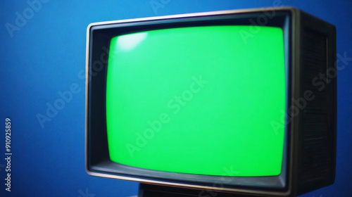 Vintage Television Green Screen: A classic television set against a blue backdrop displays a vibrant green screen, ready for creative edits and nostalgic overlays.   photo