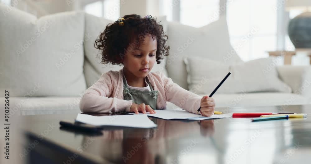 Drawing, learning and kid with paper in home for creative lesson, motor skills and child development. Kindergarten, school and young girl relax with crayons for education, fun activity and writing Drawing, learning and kid with paper in home for creative lesson, motor skills and child development. Kindergarten, school and young girl relax with crayons for education, fun activity and writing