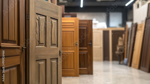 Wooden door displays at a store showcase different door styles.