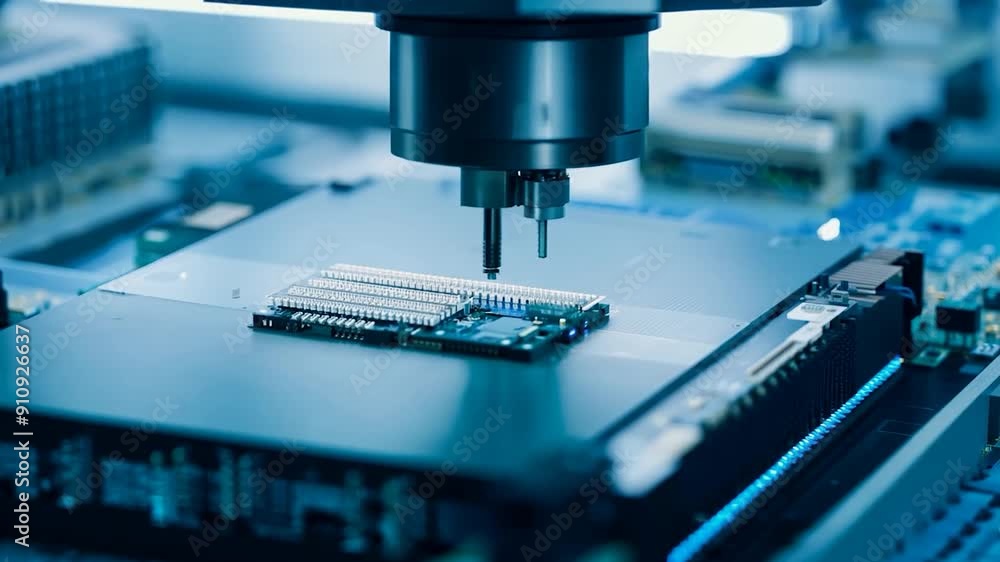 A precise machine assembles electronic components on a circuit board within a high-tech laboratory environment A precise machine assembles electronic components on a circuit board within a high-tech laboratory environment