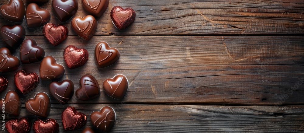 Valentine s Day concept with heart shaped chocolates on a wooden table creating a romantic atmosphere for a greeting card Top view of the copy space image Valentine s Day concept with heart shaped chocolates on a wooden table creating a romantic atmosphere for a greeting card Top view of the copy space image