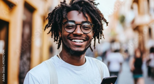 Angry Man holding Smartphone with Blurred Background in Urban Setting