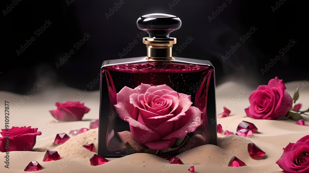 On a black background there is a red glass perfume with flowers. On a black background there is a red glass perfume with flowers.