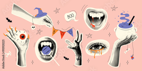 Halloween set of halftone collage elements and doodles. Vampire mouths, eyes. Modern pop art dotted objects for mixed media design. Vector stock illustration Spooky modern cut out elements and doodles