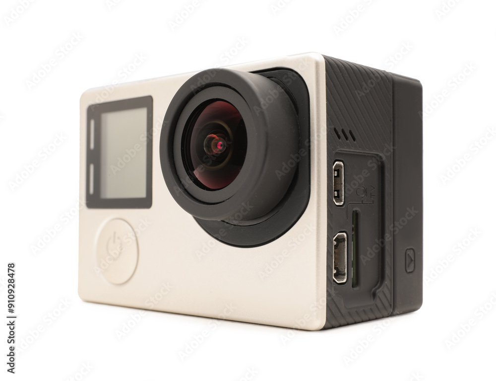 One modern action camera isolated on white One modern action camera isolated on white