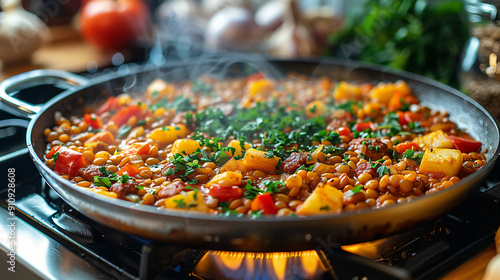 Homemade lentil stew with vegetables and chorizo