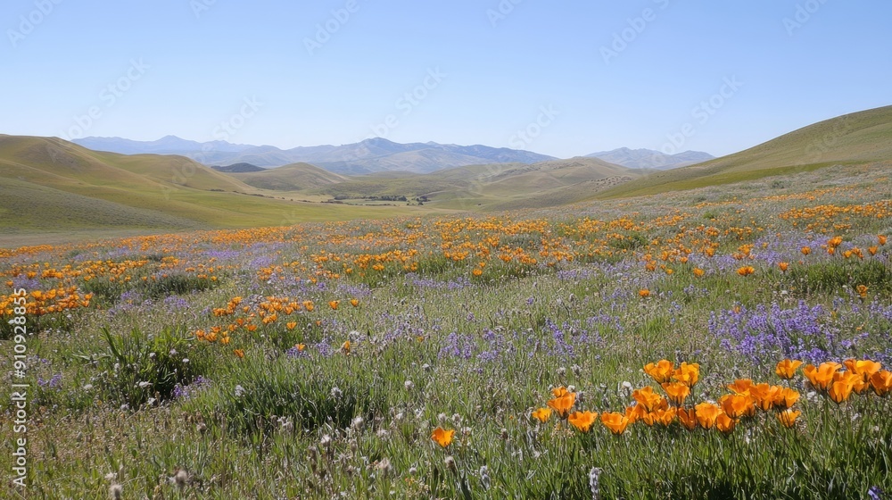Obraz premium Tranquil Scene of Rolling Hills and Distant Mountains Under Clear Sky, Lush Greenery and Wildflowers Carpet the Landscape
