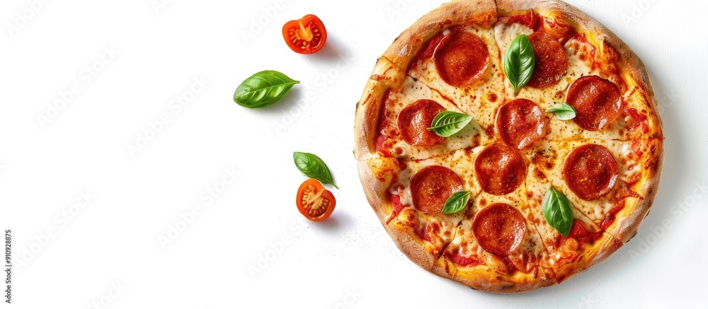 Top view of a margherita pizza with copy space image presented on a white background Top view of a margherita pizza with copy space image presented on a white background