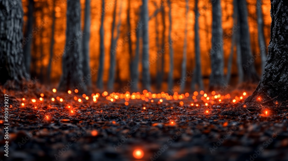 Autumn Forest Path Illuminated by Warm Lights Autumn Forest Path Illuminated by Warm Lights