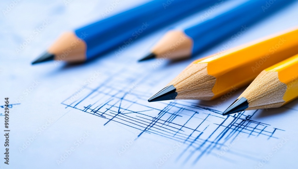 Aarchitectural drawings with pencils, symbolizing design work in construction project management. Aarchitectural drawings with pencils, symbolizing design work in construction project management.