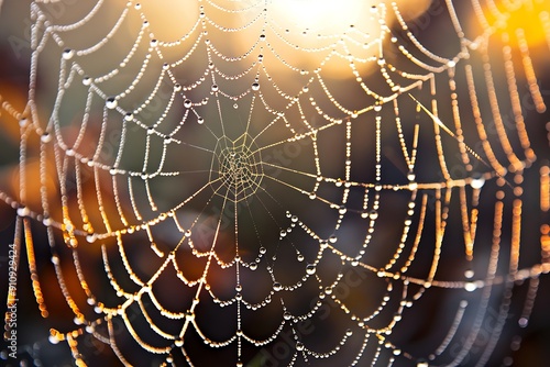 A close-up of dewdrops on a spiderweb, limelight illuminating the delicate strands, creating a soft glow and reflections. Background blurred with a hint of morning light. photo