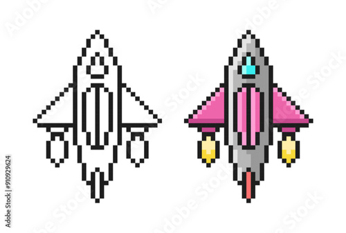 Pixel Art Game Rocket. Cute vector spaceship in retro style