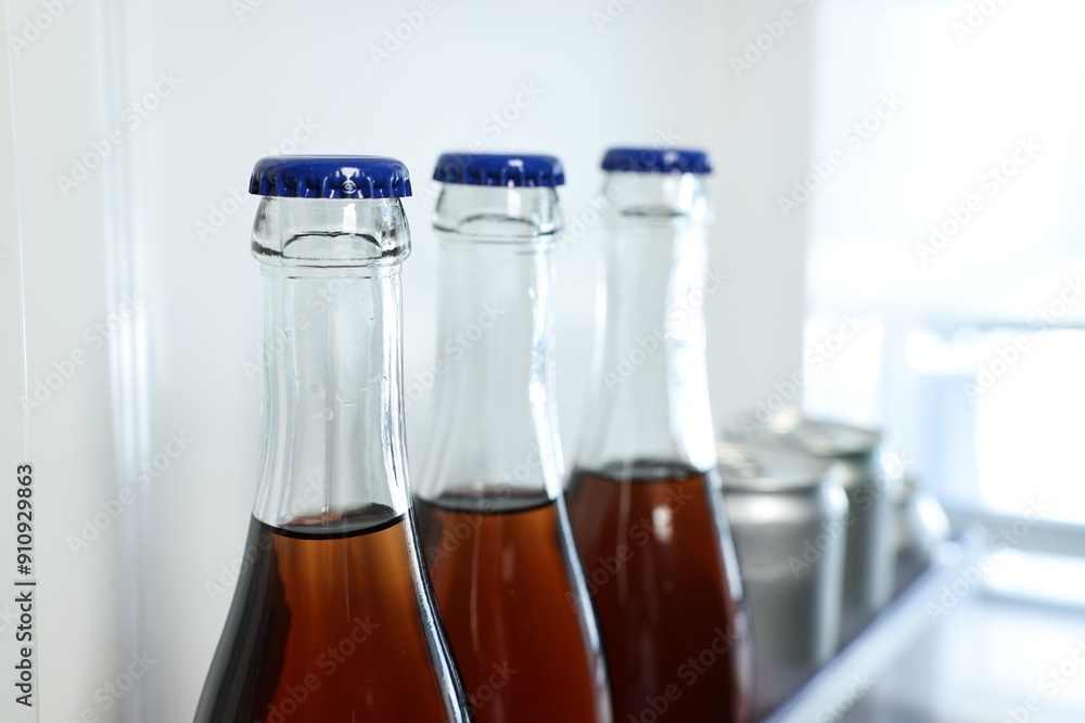 Many different cold drinks in refrigerator, closeup Many different cold drinks in refrigerator, closeup