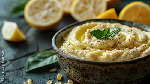 Hummus dip plate and lemon in bowl on wooden table