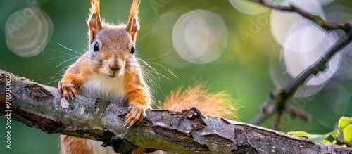 A young Eurasian gray squirrel gracefully perched on a tree branch nibbling while staring at the camera creating a charming copy space image