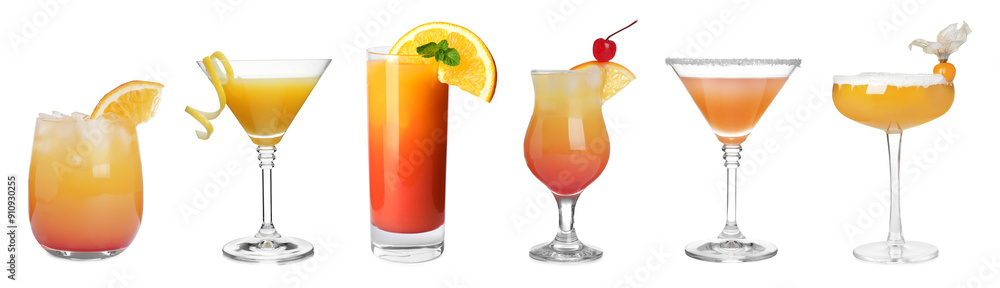 Many different cocktails in glasses isolated on white, collection Many different cocktails in glasses isolated on white, collection