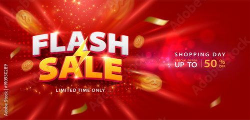 Flash sale banner with sparkling neon lights. Vector illustration for shopping day promotion, online shopping, special Offer coupon, voucher, banner template, websites, social media advertising.