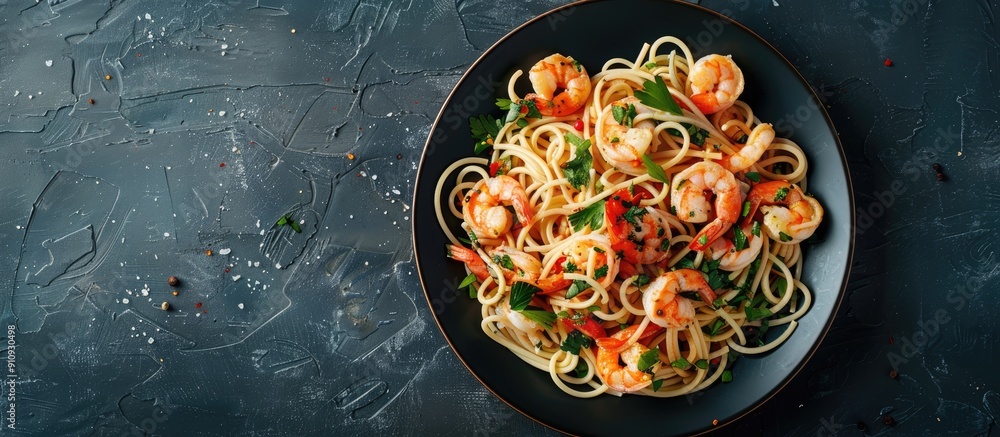 Top view of a plate of spaghetti shrimp scampi against a dark background with ample copy space image available Top view of a plate of spaghetti shrimp scampi against a dark background with ample copy space image available