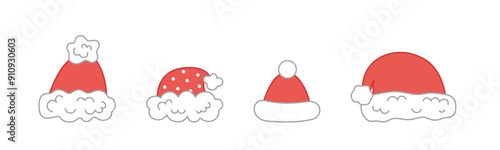 Set of Santa hats. Red hats. Cartoon, vector